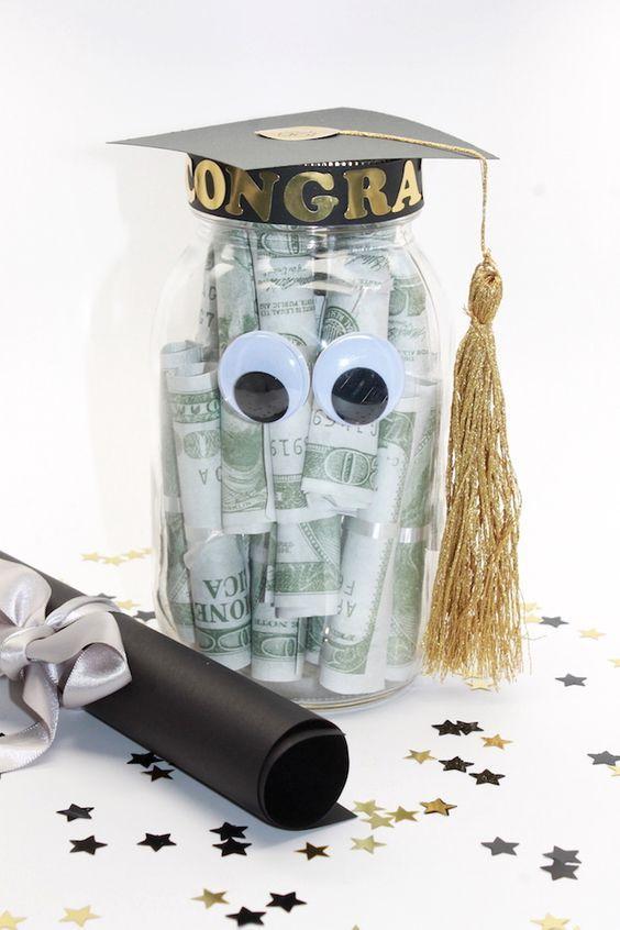 Graduation Hat Money Jar with Dollar Diplomas